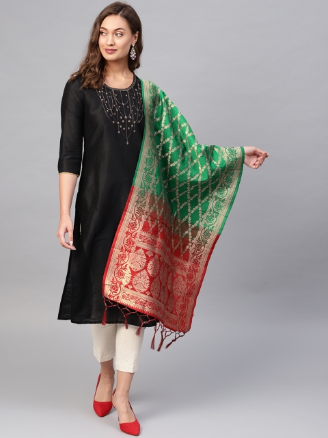 

SUTRAM Green & Red Woven Design Zari Banarasi Dupatta