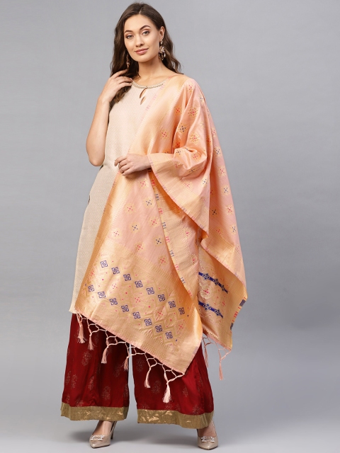 

SUTRAM Women Peach-Coloured & Golden Zari Woven Design Banarasi Dupatta