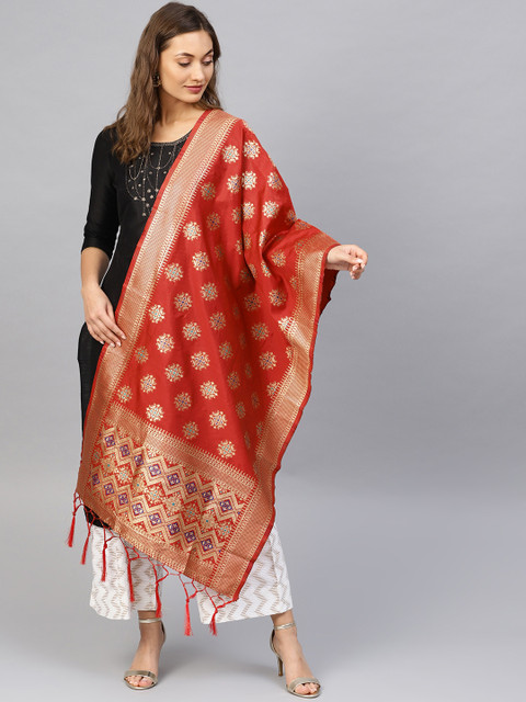 

SUTRAM Red & Golden Woven Design Zari Banarasi Dupatta