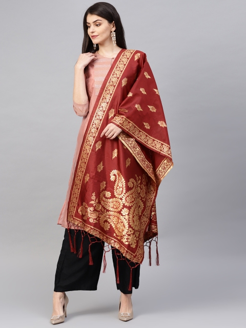 

Sutram Rust Red & Golden Zari Woven Design Banarasi Dupatta