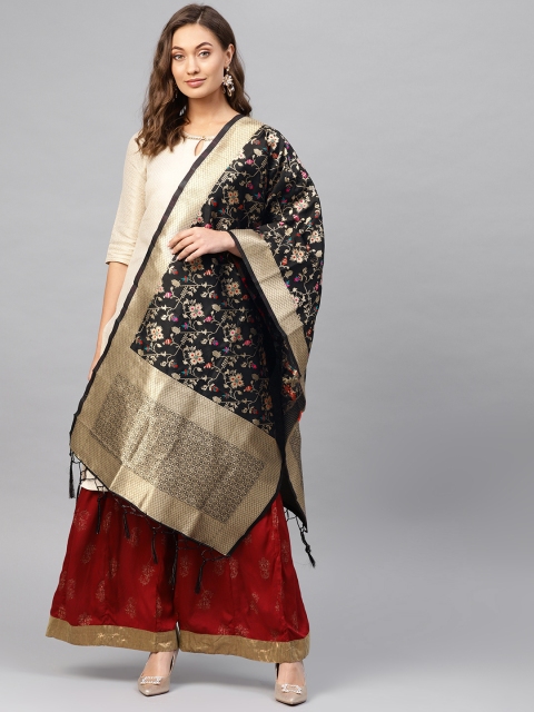 

SUTRAM Black & Golden Woven Design Zari Banarasi Dupatta