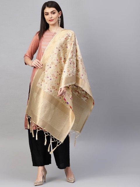 

SUTRAM Beige & Golden Woven Design Zari Banarasi Dupatta