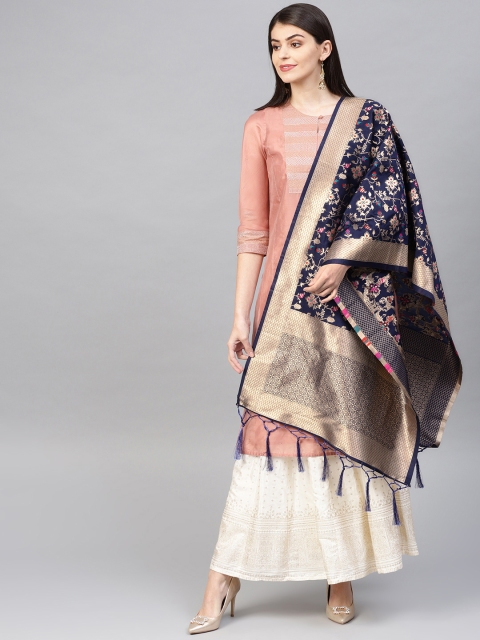 

SUTRAM Navy Blue & Golden Woven Design Zari Banarasi Dupatta