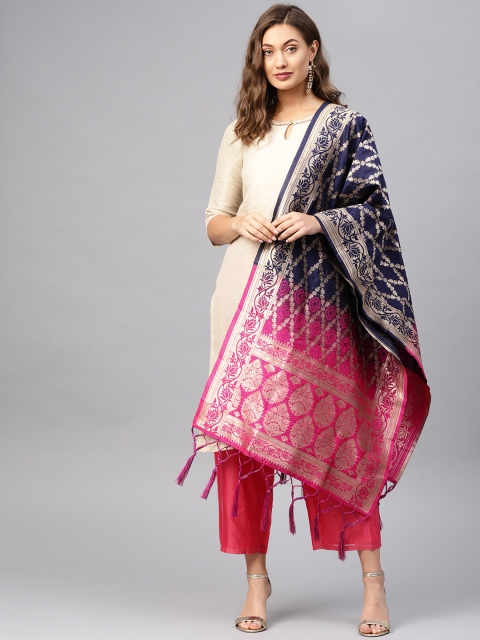 

SUTRAM Navy Blue & Pink Woven Design Zari Banarasi Dupatta