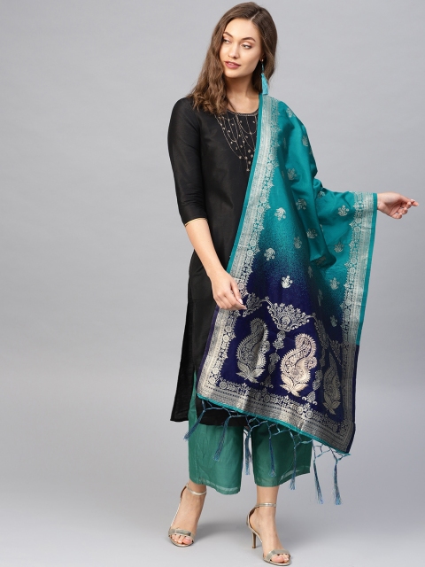 

SUTRAM Navy Blue & Golden Woven Design Zari Banarasi Dupatta