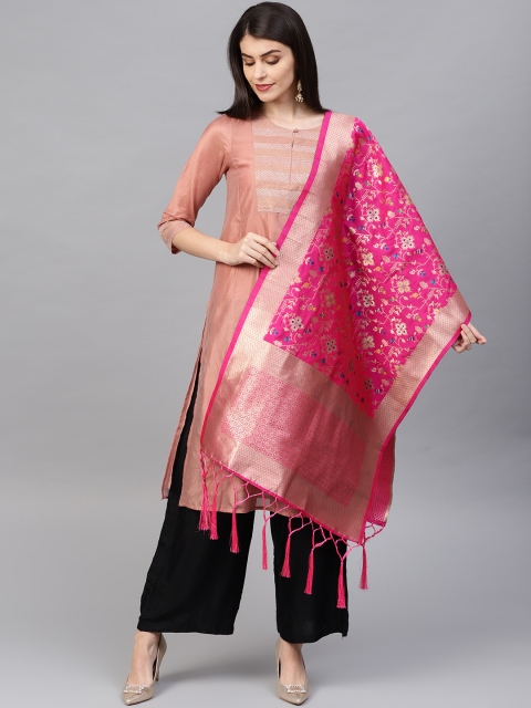 

SUTRAM Women Pink & Golden Zari Woven Design Banarasi Dupatta