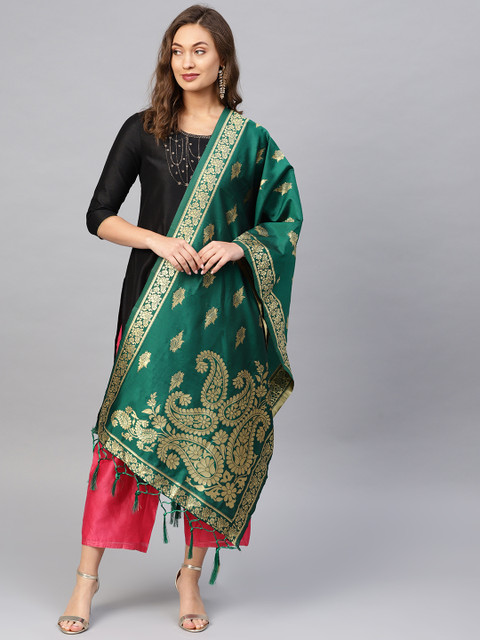 

SUTRAM Green & Golden Woven Design Zari Banarasi Dupatta