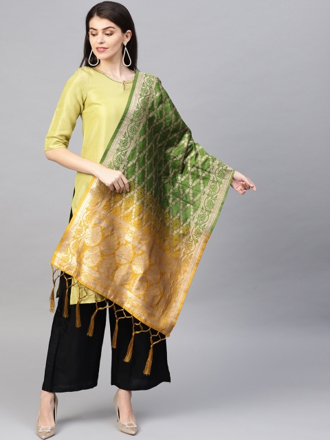 

SUTRAM Green & Mustard Yellow Zari Woven Design Banarasi Dupatta