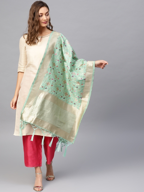 

SUTRAM Green & Golden Woven Design Zari Banarasi Dupatta