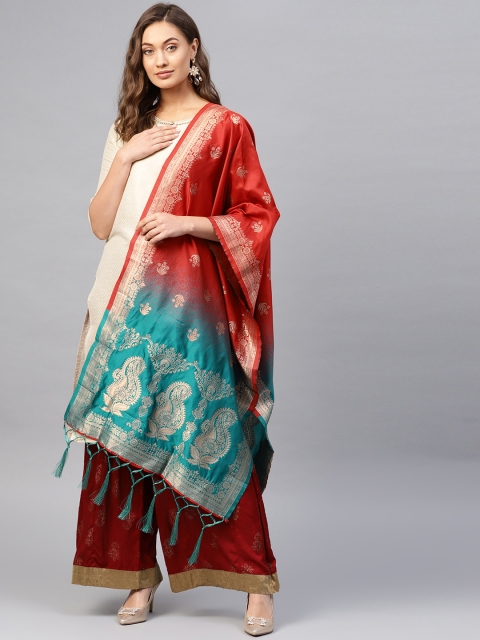 

SUTRAM Red & Teal Blue Zari Woven Design Banarasi Dupatta
