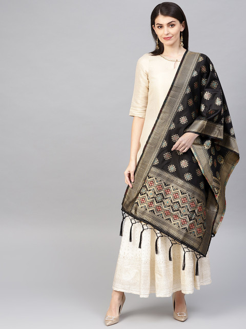 

SUTRAM Women Black & Golden Zari Woven Design Banarasi Dupatta