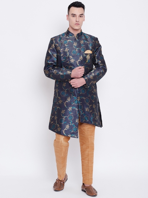 

SG RAJASAHAB Men Navy Blue & Golden Woven Design Sherwani