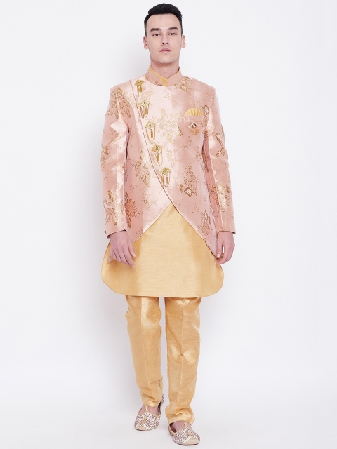 

SG RAJASAHAB Men Pink & Golden Self Design Kurta with Trousers & Jacket