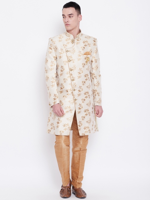 

SG RAJASAHAB Men Off-White & Golden Self-Design Sherwani