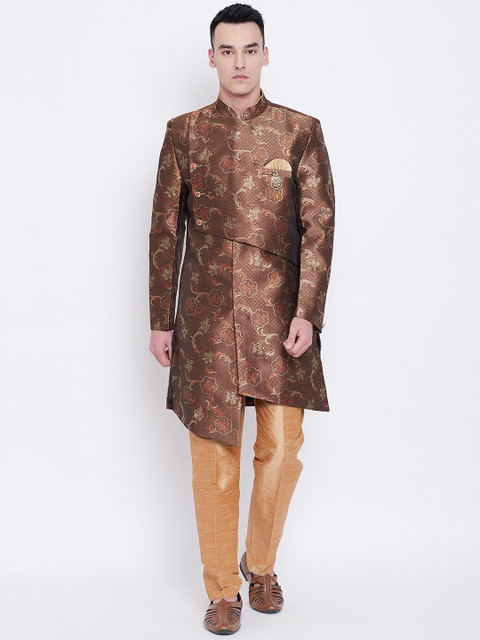 

SG RAJASAHAB Men Silk Brown & Golden Woven Design Sherwani