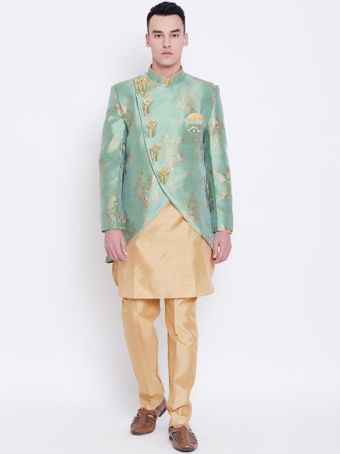 

SG RAJASAHAB Men Green & Golden Self Design Kurta with Trousers & Ethnic Jacket