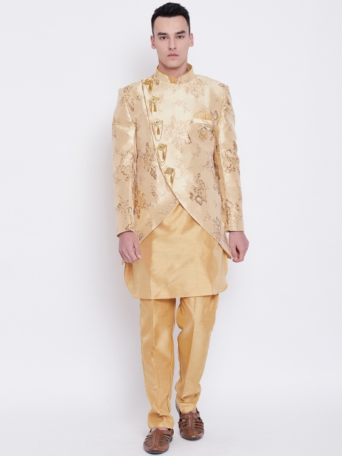 

SG RAJASAHAB Men Golden Self Design Kurta with Trousers & Ethnic Jacket, Gold