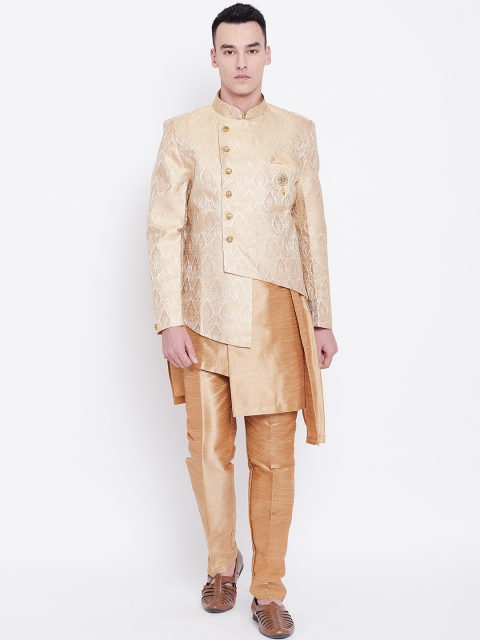 

SG RAJASAHAB Men Beige & Golden Self Design Kurta with Trousers & Ethnic Jacket