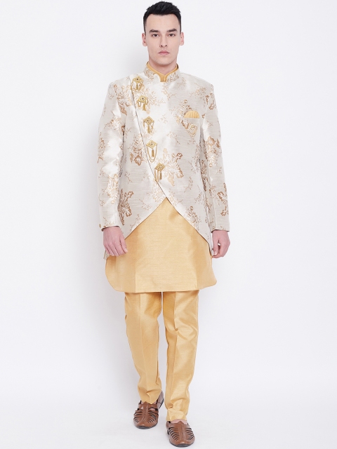 

SG RAJASAHAB Men Beige & Golden Self Design Kurta with Trousers & Ethnic Jacket