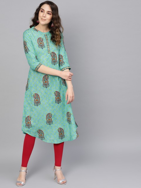 

Rain & Rainbow Women Green & Red Paisley Print A-Line Kurta