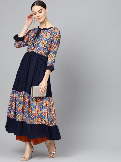 

Ives Women Navy Blue & Beige Printed Tiered A-Line Kurta