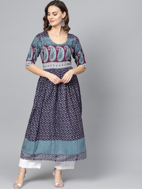 

Ives Women Navy Blue & White Printed A-Line Kurta
