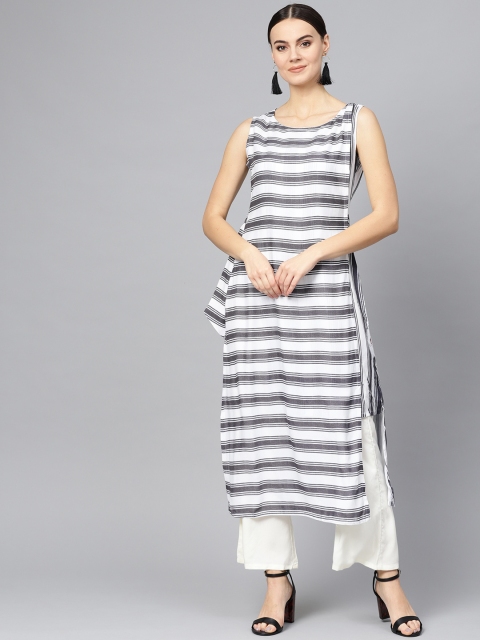 

Ives Women White & Charcoal Grey Striped Straight Wrap Kurta