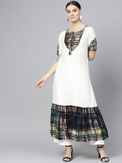 

Ives Women Off-White & Navy Blue Yoke Design A-Line Kurta