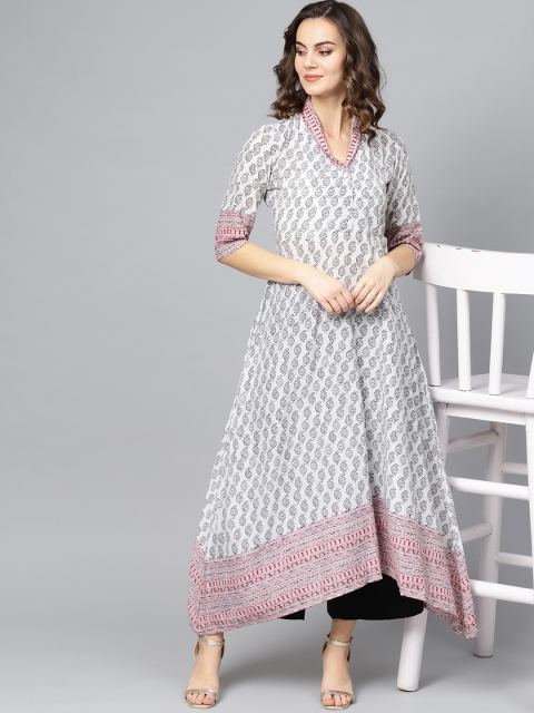 

Ives Women White & Black Printed Asymmetric A-Line Kurta