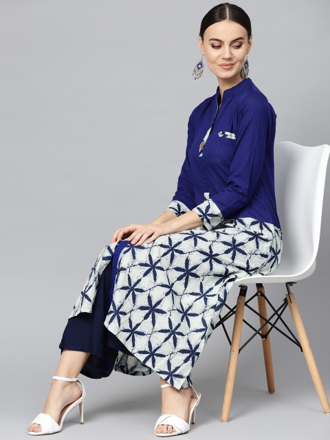 

Ives Women Blue & Off-White Printed A-Line Kurta