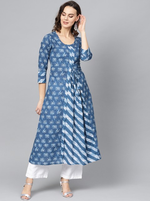 

Ives Women Blue & White Printed A-Line Kurta