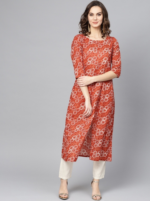 

Ives Women Rust Red & Beige Floral Printed A-Line Kurta