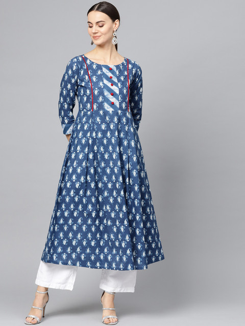 

Ives Women Blue & White Printed A-Line Kurta
