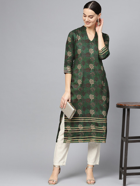 

Ives Women Green & Beige Floral Printed Straight Kurta