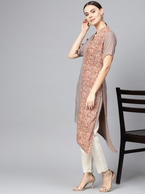 

Ives Women Taupe & Orange Printed Straight Asymmetric Kurta