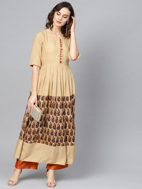 

Ives Women Beige & Rust Red Printed A-Line Kurta