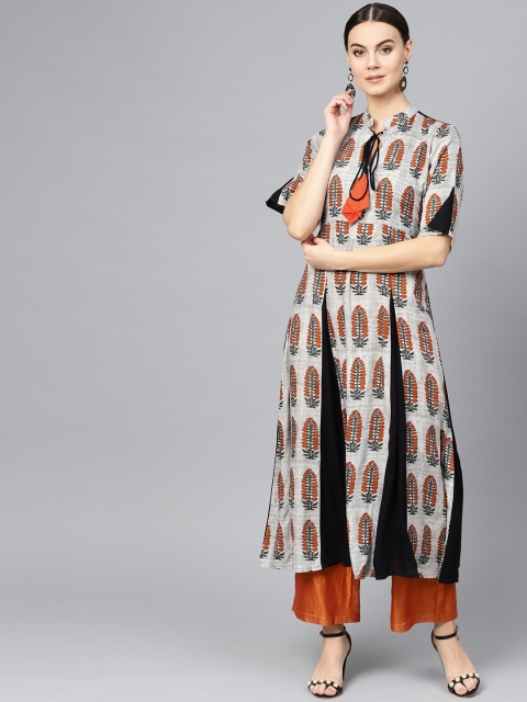 

Ives Women Grey & Black Floral Print A-Line Kurta