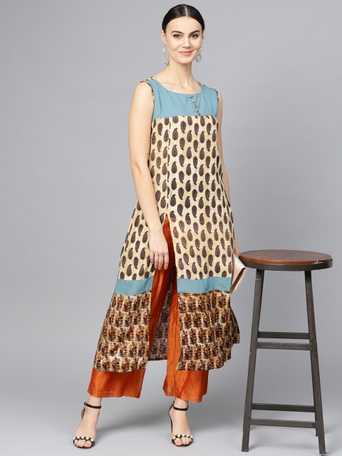 

Ives Women Beige & Blue Paisley Print A-Line Kurta