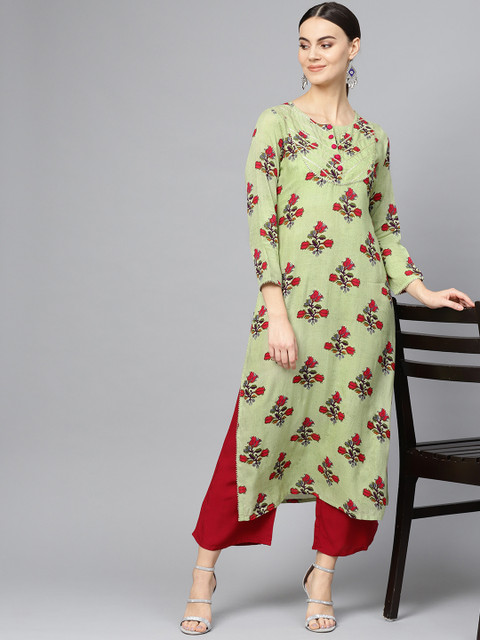 

Ives Women Green & Pink Floral Printed Straight Kurta