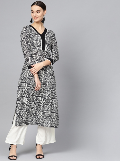 

Ives Women White & Black Printed Straight Kurta