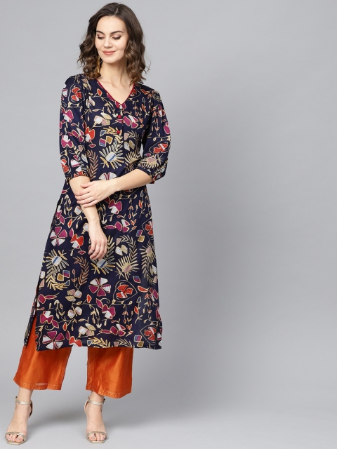 

Ives Women Navy Blue & Mustard Yellow Printed Straight Kurta
