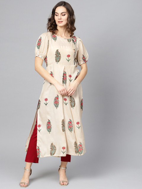 

Ives Women Beige & Red Floral Printed A-Line Kurta