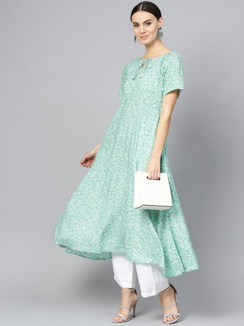 

Ives Women Green & White Printed A-Line Kurta