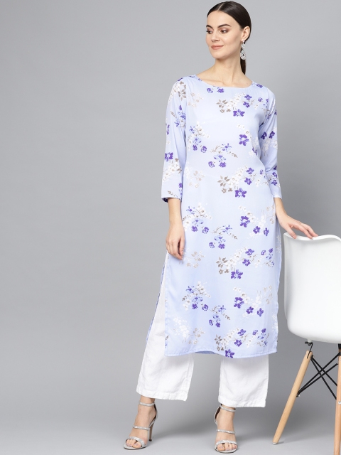 

Ives Women Blue & Off-White Floral Printed Straight Kurta