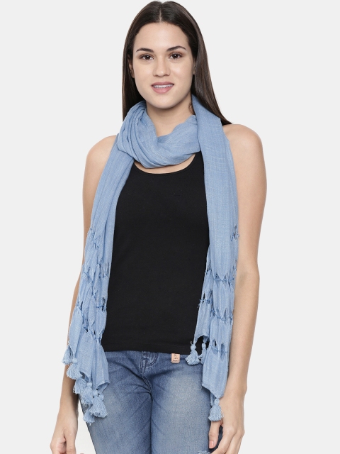 

Ayesha Women Blue Cutwork Scarf with Tassel Border