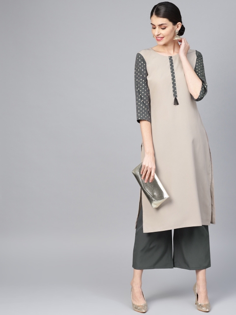 

ZIYAA Women Beige & Charcoal Grey Solid Kurta with Palazzos
