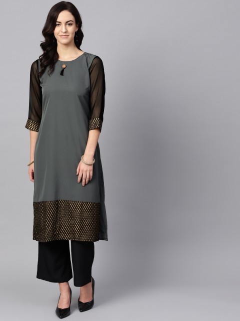 

ZIYAA Women Charcoal Grey & Black Solid Kurta with Palazzos
