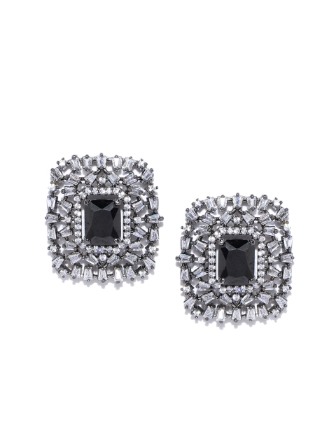 

Melani Borsa Gunmetal-Toned & Black Silver Plated CZ Studded Oversized Geometric Studs, Metallic