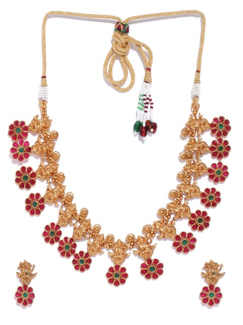 

Melani Borsa Red & Green Gold-Plated Stone Studded Handcrafted Temple Jewellery Set