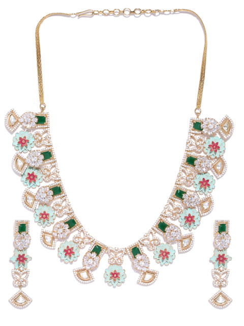 

Melani Borsa Sea Green Gold-Plated Kundan & CZ Studded Handcrafted Jewellery Set